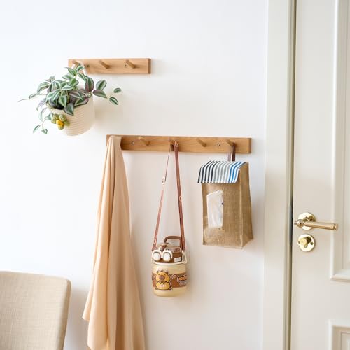 Hickory Wood Coat Rack Wall Mount, 24 Inch Coat Hook Hanger Wooden Wall Coat Rack with 6 Hooks for Purse Clothes Towels Hats in Entryway Bedroom Bathroom, Natural - size: 24 Inch