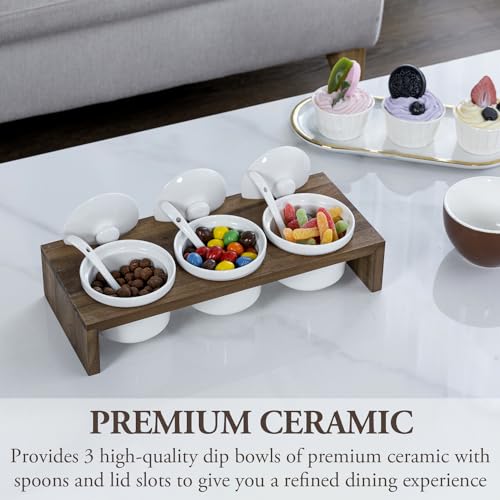 MyGift 10 Pcs Condiment Pot Serving Dish Set, Hosting Essentials, Premium Acacia Solid Wood Raised Display Server Tray and 3 Ceramic Ramekin Dip Bowls with Lids and Spoons - color: Acacia
