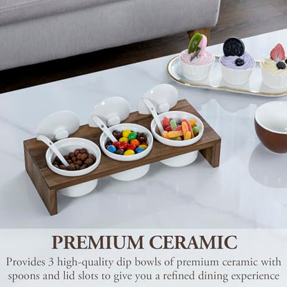 MyGift 10 Pcs Condiment Pot Serving Dish Set, Hosting Essentials, Premium Acacia Solid Wood Raised Display Server Tray and 3 Ceramic Ramekin Dip Bowls with Lids and Spoons - color: Acacia