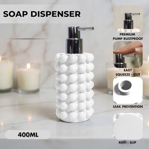 Better Trends Bathroom Accessories Set 3 Pieces Resin Bubble Textured Soap Dispenser, Toothbrush Holder & Tumbler for Vanity, Kitchen Sink & Countertop Organization White Nova Collection - color: White