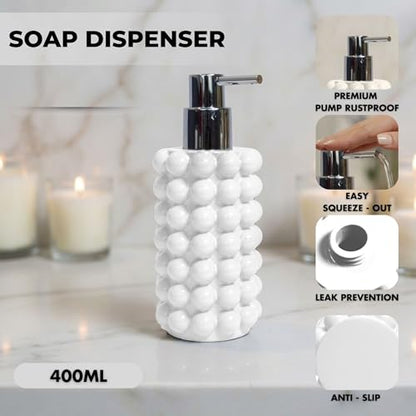 Better Trends Bathroom Accessories Set 3 Pieces Resin Bubble Textured Soap Dispenser, Toothbrush Holder & Tumbler for Vanity, Kitchen Sink & Countertop Organization White Nova Collection - color: White