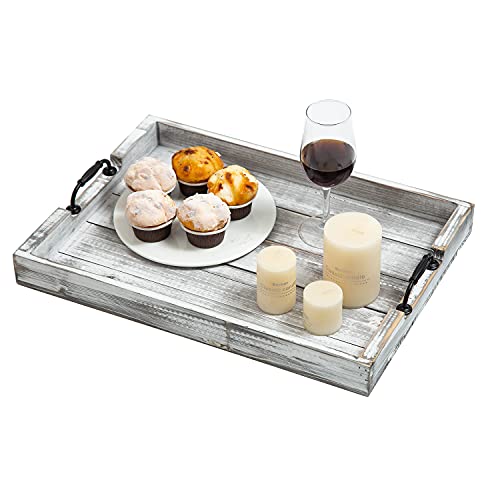 Rustic Vintage Big Wood Food Serving Trays with cutout Metal Handles(20 Inches) large Nesting Board Decorative Serving Trays Platter for Breakfast in Bed, Ottoman, Coffee Table, BBQ, Party(Gray white) - color: Gray White