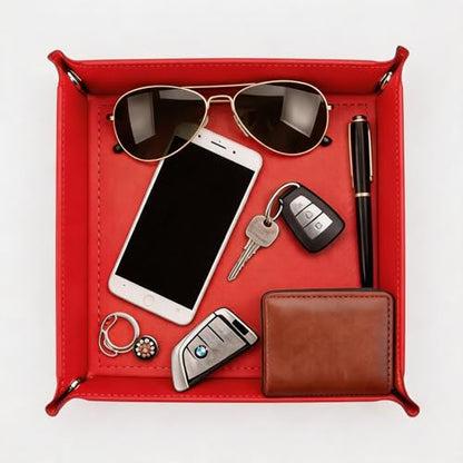 Valet Tray Desktop Storage Organizer – Vegan Leather Catchall Tray Bedside Vanity Tray Nightstand Caddy Holder for Remote Controller, Watch, Keys, Phone, Wallet, Coin, Jewelry, Red - color: Red