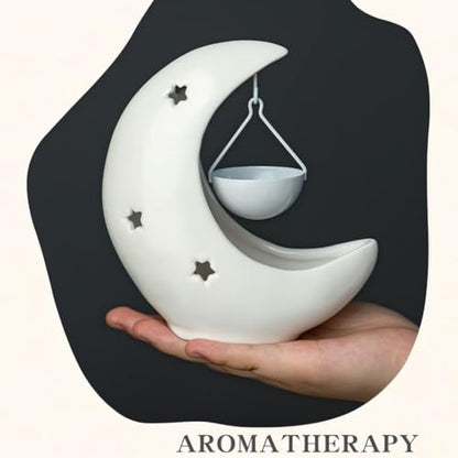 Moon & Star Ceramic Wax Melt Warmer, Hanging Tealight Oil Burner, Aromatherapy Candle Holder for Home Decor, Bedroom, Spa, Boho Gift for Women, Mom Black