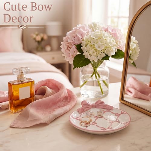 Pink Bow Ceramic Jewelry Tray Coquette Ring Holder Trinket Dish for Rings Earrings Necklaces Cute Bow Decorative Organizer Tray for Dresser Vanity Gift for Women