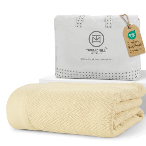 Threadmill Luxury Cotton Blankets for Queen Size Bed | All-Season 100% Cotton Queen Size Blanket | Herringbone Cozy, Soft Breathable Fall Thermal Blanket fits Full Size Bed | Vanilla Cream | 100% Cotton, Herringbone Pattern, 90x92 in, Breathable, Moisture