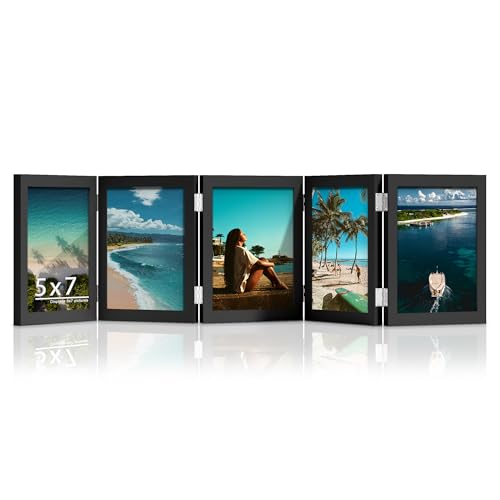 DUENPY 5 Folding 5x7 Accordion Wood Frame Plexiglass Black | Constructed With Engineered Wood And Plexiglass, Elegant Ornament For Desktop Photo Display - color: Black, size: 5x7