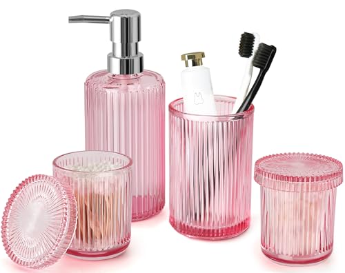 Pink Bathroom Accessories Set, 4 Pcs Glass Bathroom Accessory Set, Pink Soap Dispenser and Toothbrush Holder Set, Qtip Holder Set, Vintage Bathroom Sink Set, Cute Bathroom Decor - color: Pink, size: 4 Pcs Bathroom Set