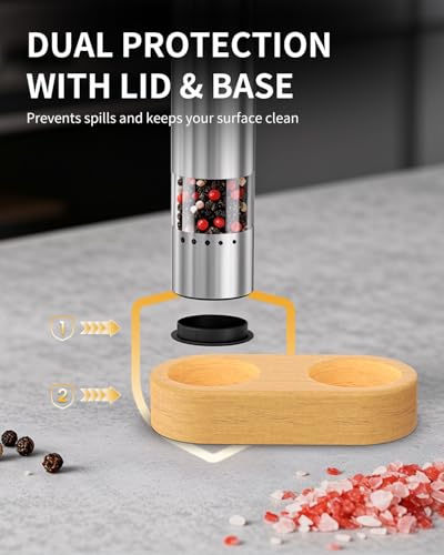 CIRCLE JOY Mini Rechargeable Salt and Pepper Grinder Set with Wooden Base, Dust Cover and External Adjustment, Stainless Steel Electric Pepper Mill Grinders for Kitchen, Outdoors and Travel, Silver - color: MINI Rechargeable Set with Wooden Base