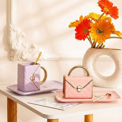 Zubebe 2 Set Coffee Mug Elegant Handbag Shaped Cup Modern Ceramic Purse Mug with Spoon and Saucer, 10oz Cute Creative Tea Cup for Woman Girls Gift (Pink,Purple) - color: Pink, Purple