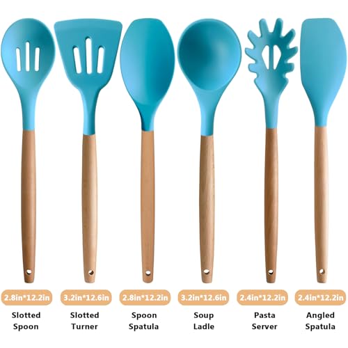 Kitchen Utensils Set 6-Piece Non-Stick Silicone Cooking Utensils Set, Wood Handle Heat Resistant Spatula Spoon Turner Ladle Pasta Server Cooking Kitchen Gadgets BPA Free for Nonstick Cookware - color: Light Blue, size: Standard 6-Piece Set