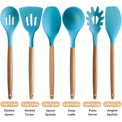 Kitchen Utensils Set 6-Piece Non-Stick Silicone Cooking Utensils Set, Wood Handle Heat Resistant Spatula Spoon Turner Ladle Pasta Server Cooking Kitchen Gadgets BPA Free for Nonstick Cookware - color: Light Blue, size: Standard 6-Piece Set