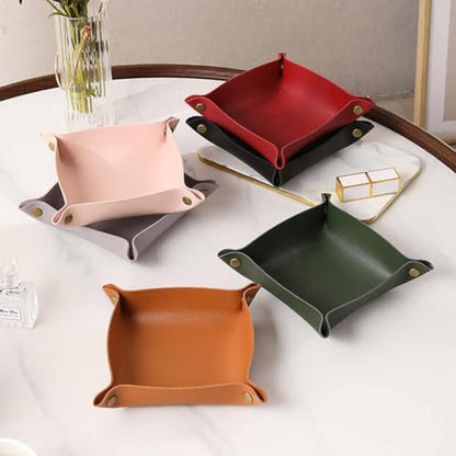 2 pcs Key Tray Jewelry Tray Leather Valet Tray for entryway Table Leather Desk Organizer Catch All Trays Candy Holder Sundries Tray Desk Catchall Travel Dish Plate (Gray,red) - color: Gray,red