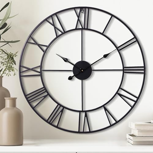 30 Inch Wall Clock for Living Room Decor, Black Roman Numeral | Silent Non Ticking, Battery Operated, Durable Metal Wall Clock for Dinning Room,Entryway,Home Office & Fireplace Decor