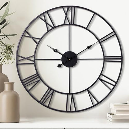 30 Inch Wall Clock for Living Room Decor, Black Roman Numeral | Silent Non Ticking, Battery Operated, Durable Metal Wall Clock for Dinning Room,Entryway,Home Office & Fireplace Decor