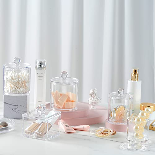 SheeChung 3 PCS Qtip Holder Bathroom Set with Tray, Acrylic Apothecary Jars | Clear Qtip Dispenser with Lids and Labels, Bathroom Qtip Holder Set for Cotton Ball, Cotton Swab 1 Pack Bathroom Vanity Tray - color: Clear