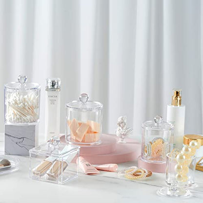 SheeChung 3 PCS Qtip Holder Bathroom Set with Tray, Acrylic Apothecary Jars | Clear Qtip Dispenser with Lids and Labels, Bathroom Qtip Holder Set for Cotton Ball, Cotton Swab 1 Pack Bathroom Vanity Tray - color: Clear