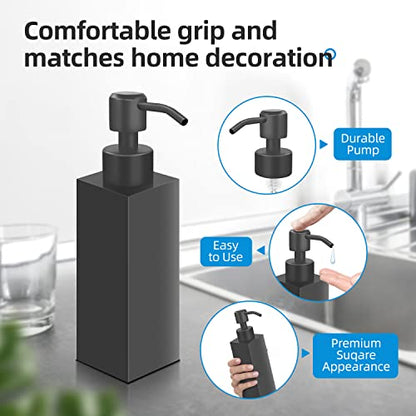 Black Soap Dispenser, Matte Black Stainless Steel, Rust-Proof Liquid Hand Dish Dispenser for Bathroom & Kitchen, 8.5 Oz Refillable Countertop Lotion Bottle (Square) - color: Square-black