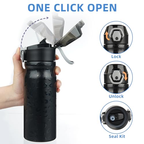 BJPKPK 18 oz Water Bottle with Straw & Handle, Insulated Stainless Flask | Leak Proof Locking Lid, Thermal, Double Wall Vacuum, Metal, Keeps Hot/Cold, BPA Free, Travel & Sports, Black Leopard - color: A-Black Leopard, size: 18 Ounces