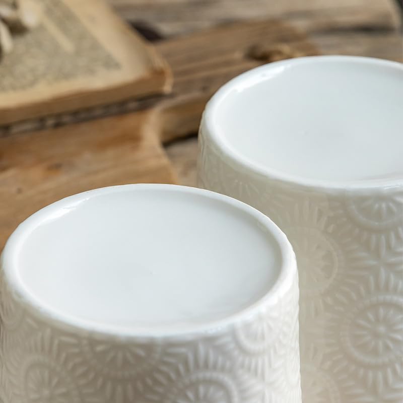 Ceramic Kitchen Utensil Holder, White Embossed Pattern, Farmhouse Style Counter Organizer