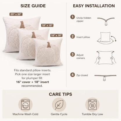 Fall Tufted Pumpkin Pillow Covers Set of 2 20x20, Farmhouse Beige - color: Beige, size: 20" x 20" (Pack of 2)