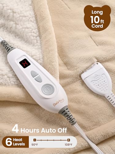 Bearhug Electric Blanket Throw Size, 50" x 60" Heated Blanket with 6 Heating Levels & 4H Auto Shut-Off, Machine Washable Soft Velvet to Sherpa Reversible Heated Throw for Office, Couch and Sofa Beige - color: Beige, size: Throw 50" × 60"