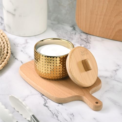 Salt Cellar Keeper with Bamboo Lid, 14oz Big Capacity Ceramic Sugar Bowls Pepper Box, Golden Water Dot Seasoning Container Condiment Pot for Kitchen (Gold Color) - color: Gold