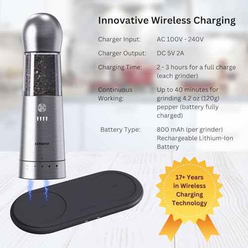 COSPRO Electric Salt and Pepper Grinder Set of 2 – Rechargeable Stainless Steel Mills with Qi-Wireless Charging Base | One-Hand Operation | Adjustable Coarseness | Easy Clean | Automatic Spice Grinder - size: Set of 2