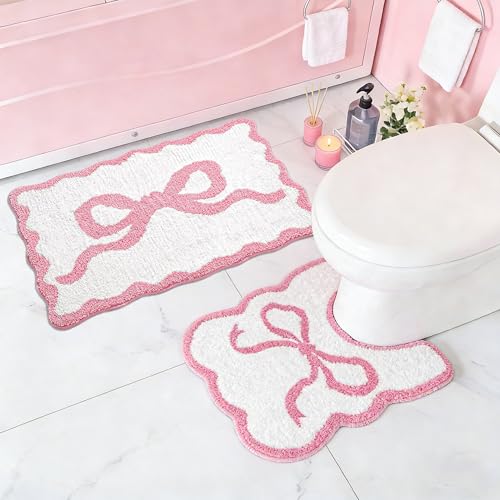 Pink Bow Bathroom Rug Set, 2-Piece Bow Bath Mat and U-Shaped Toilet Rug | Coordinated Tub-and-Toilet Styling; Scalloped Edges; Plush Microfiber; 16 X 24 In + 24 X 20 In; TPR Backing; Washable - color: Pink Bow