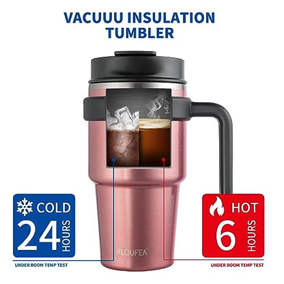 20 oz Insulated Travel Coffee Mug Tumbler with Handle and Straw | Leakproof Stainless Steel Coffee Cup with Lid, Double Wall Vacuum Ice Thermal Cup, Rose Gold - color: .Rose Gold, size: 20 Ounces