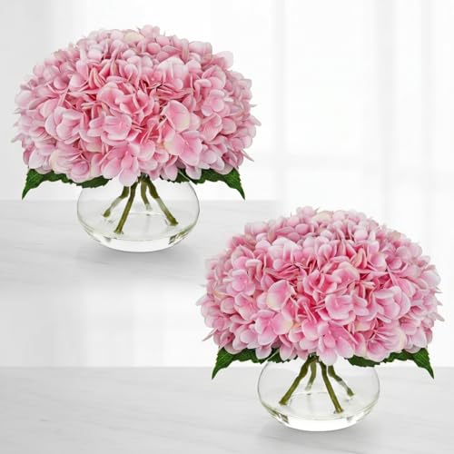 Pink 2 Pack Artificial Hydrangeas Flowers Fake Silk Flowers with 2 Glass Vases, Faux Hydrangea Bouquets for Wedding Centerpieces, Floral Arrangements, Bathroom Decor, Floral Arrangement - color: Pink