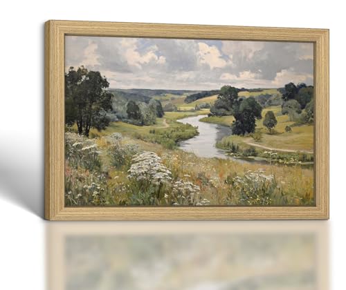 Framed Landscape Canvas Wall Art 16x12 Inch | Vintage, Farmhouse, Home Decor - color: Countryside River 009, size: 16L" x 12W"