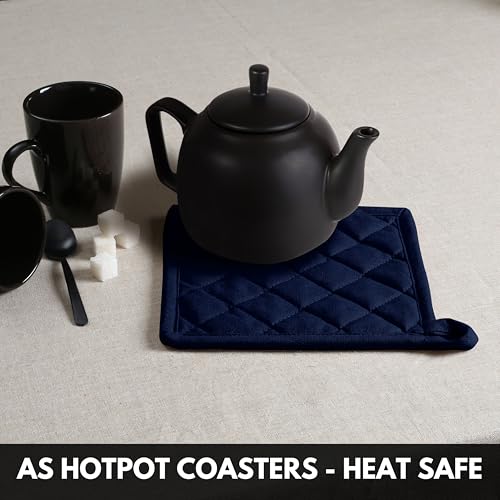 Oven Mitt (7"x13") & Pot Holder (8"x8") 100% Cotton Set of Heat Resistant Oven Gloves & Hot Pads for Gifts, BBQ, Cooking, Baking, Thanksgiving - Navy Blue - color: Navy Blue