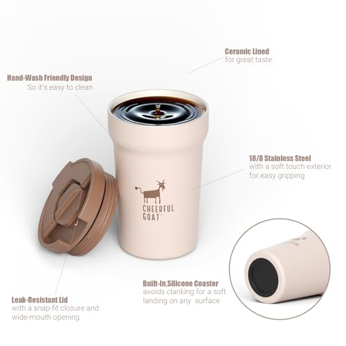 CHEERFUL GOAT Ceramic Lined Coffee Mug – Stainless Steel Travel insulated Tumbler with Ceramic Liner, with lid 12oz Leak Proof Cup for Hot and Cold Water Coffee at Home, Office, or In the Car (Coffee) - color: Coffee