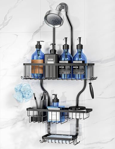 Never Rust Shower Caddy Hanging, Aluminum Shower Racks for Inside Shower, 3-Tier Shower Organizer Hanging Over Shower Head with Hooks and Soap Holder, Black - color: Black