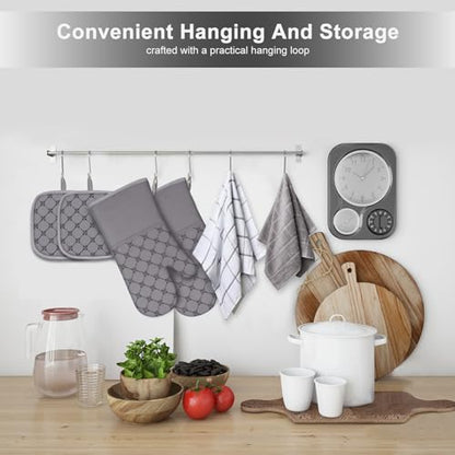Oven Mitts Kitchen Towels Dishcloths with Pot Holders Sets 12PCS, Dish Towels Sets, Oven Gloves Pot Pads Heat Resistant 500 Degrees with Non-Slip Silicone Surface for Cooking Baking Grilling-Grey - color: Gray