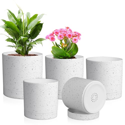 Meowell 7/6.5/6/5/4 inch Plant Pots, 5 Pack Cylinder Flower Pots for Small Indoor Outdoor Plants, Plastic Planters with Drainage Holes and Saucers for Garden Succulent House Plants, Speckled White - color: Speckled White, size: 7"+6.5"+6"+5"+4"
