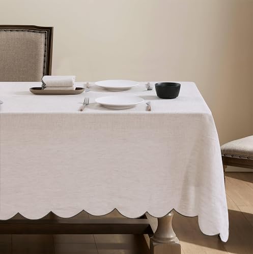 100% French Flax Linen Tablecloths Scalloped Embroidery Rectangle 132Lx60W Inch for Dinners, Parties, Spring, Machine Washable, 12-14 Sets, Linen(Edges-Green) - color: Linen(edges-green), size: 132" x 60" (Rectangular)