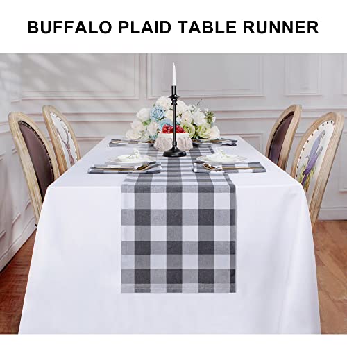 Buffalo Plaid Cotton Blend Table Runner, Buffalo Check Collection, Classic Farmhouse Style, 14x72 - Gray and White - color: Gray and White, size: 14*72inch