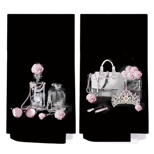SPBL&L Black & Pink Kitchen Towels - Set of 2, 16x24 Inches - Fashion Book Art Decorative Hand Towels for Girls' Bathroom Decor - color: Bathroom-bag