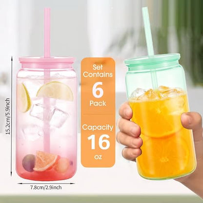 Mason Jar Cups with Lids and Straws, 16 oz Reusable Plastic Tumblers for Whisky, Soda, Tea, Juice, Beer, Coffee, Milk Tea, Gifts, 6 Pack (Rainbow) - color: Rainbow