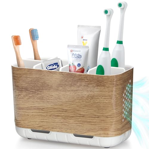 Boperzi Toothbrush and Toothpaste Holder Wood Grain for Bathroom Countertop with Adjustable Dividers, Toothpaste Caddy Organizer Storage Rustic Decor Set Freestanding Anti-Slip for Shower,Family,Kids - color: Wood Grain