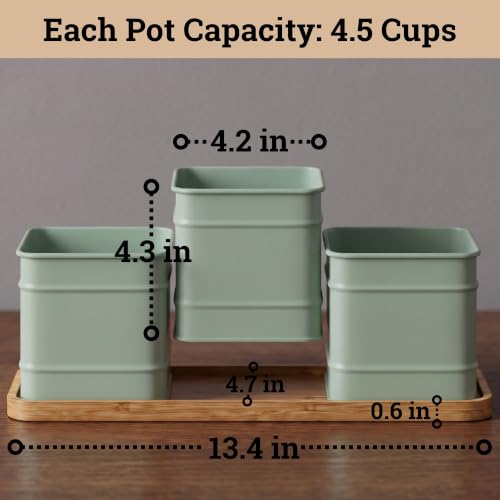 Herb Planter Indoor, 3-pc Herb Pots w/ Drainage Holes, Bamboo Tray & Labels | Iron Herb Pots, Varnished Bamboo Tray with Anti-Skid Base, Customizable Oval Sticker and Stick Labels & Chalkboard Marker Pen - color: Sage Green