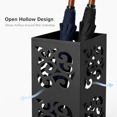 Kingrol Metal Umbrella Holder for Entryway, Square Black Umbrella Stand with Hollow Design, Freestanding Umbrella Rack for Umbrellas, Canes and Walking Sticks, 6 x 6 x 15.75 Inch
