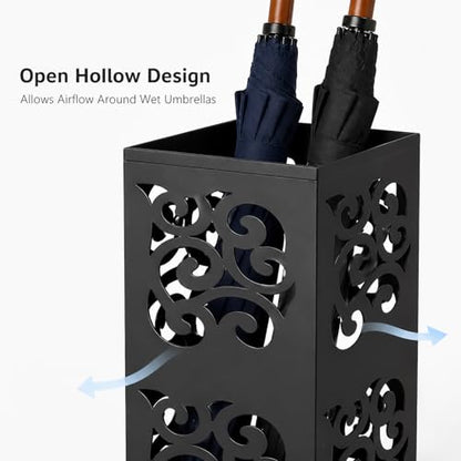 Kingrol Metal Umbrella Holder for Entryway, Square Black Umbrella Stand with Hollow Design, Freestanding Umbrella Rack for Umbrellas, Canes and Walking Sticks, 6 x 6 x 15.75 Inch