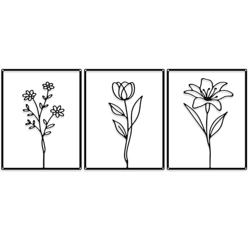 Otoolling 3 Pcs Metal Kitchen Wall Art Line 14x11,Flower,Black | Minimalist Line Art with Tulips, Lilies, Daisies, Rustic Decor for Dining Living Bathroom, Metal Frame on Black - color: Black, style: Flower