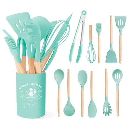 Kitchen Utensils Set Silicone Kitchen Utensils Set with Wooden Handle Utensils for Cooking Heat Resistant Silicone Non-Stick Cookware BPA FREE (Dark Green) - color: Dark Green