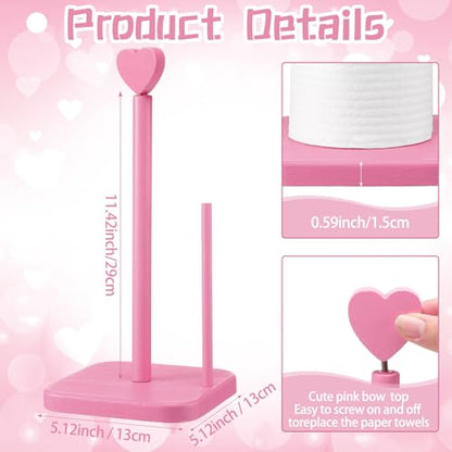 Leinuosen Valentines Day Pink Heart Paper Towel Holder Cute Heart Wooden Paper Towel Holder Pink Bathroom Countertop Accessories Kitchen Roll Stand Organizer Standing Apartment Decor Housewarming Gift - style: Heart