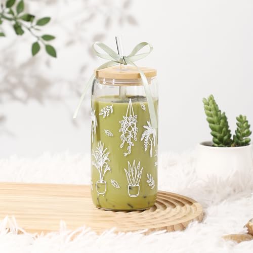 Garden Plant Lovers Gifts Gardening Gifts for Women Plant Lady | Gardeners Glass Cup Coffee Tumbler Mug with Lid and Straw Basket Stuff Present for Mom Birthday, Girls, Teens, 16oz - style: Plant