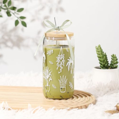 Garden Plant Lovers Gifts Gardening Gifts for Women Plant Lady | Gardeners Glass Cup Coffee Tumbler Mug with Lid and Straw Basket Stuff Present for Mom Birthday, Girls, Teens, 16oz - style: Plant